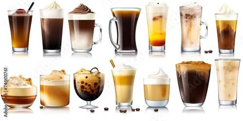 Set of coffee drinks on white background photo