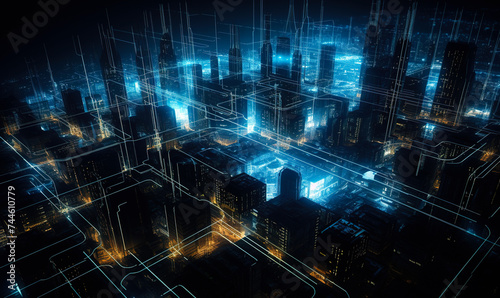 Abstract futuristic city with binary code network background