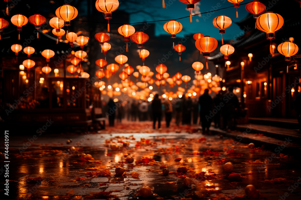 Chinese lanterns on an evening street. - obrazy, fototapety, plakaty 