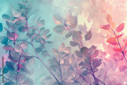 Creative generative AI pastel colored illustration of leaves and flowers as abstract background