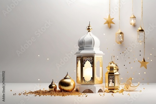 Ramadan Kareem background with golden star and lanterns, 3d render