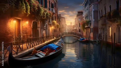 Panoramic view of Venice canal with gondola at sunset