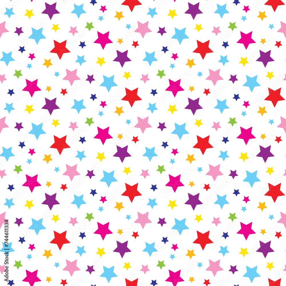 Vector seamless pattern with colorful stars confetti. Isolated on white background. Texture for wrapping paper, wallpaper, print.
