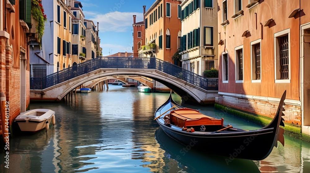 Venice canal with gondola and bridge panorama, Italy