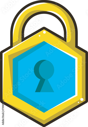 Unite post game medal. Gold void royale game icon. Password lock with blue and yellow color. Secure padlock files button. Sign of lock files. Magic padlock secret badge symbols. Medal of achievements.