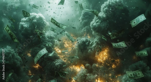 Amidst the serene underwater world, a diverse array of marine life thrives amidst the floating smoke of money, reminding us of the delicate balance between nature and human greed © Larisa AI