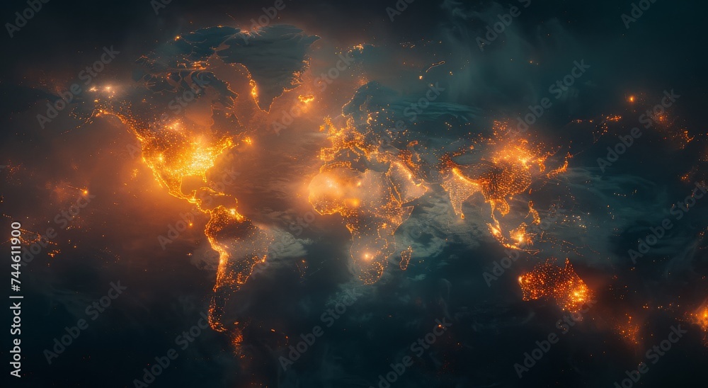 An illuminated map of the world, glowing with amber lights like fireworks in the vast expanse of space, capturing the fiery heat and endless possibilities of the universe An illuminated map of the world, glowing with amber lights like fireworks in the vast expanse of space, capturing the fiery heat and endless possibilities of the universe