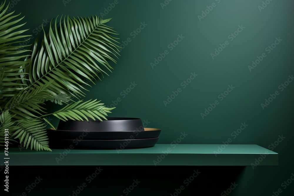 Minimal green podium. abstract luxury fashion stand with plant background and stone texture