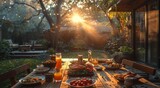 As the autumn sun streamed through the window, a bountiful buffet of delicious food adorned the outdoor table in the garden, surrounded by trees and plants, creating a warm and inviting atmosphere