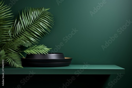 Minimal green podium. abstract luxury fashion stand with plant background and stone texture