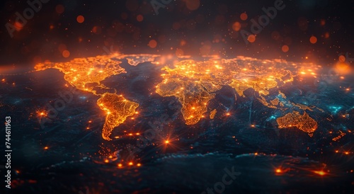 A vibrant map of the world, illuminated by the heat of volcanoes, with amber fires dancing in nature's lava-lit embrace atop majestic mountains © Larisa AI