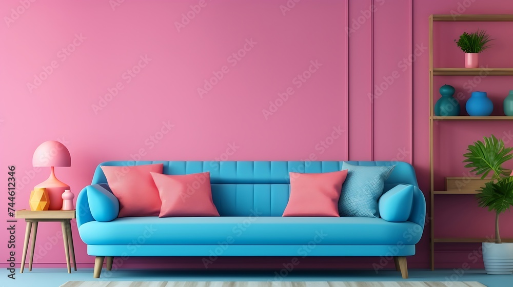 Pink sofa against blue wall with shelf Colorful vibrant style home interior design of modern living room