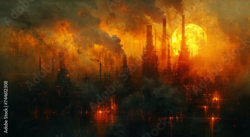Amidst the heat and amber glow, a city burns with fire, sending smoke billowing into the outdoor sky © Larisa AI