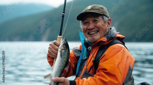 Joyful fisherman fishing