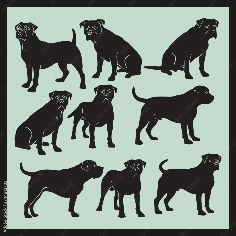 American Bullweiler Dog Silhouettes, set of dogs silhouettes