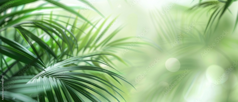 Obraz premium Ultrawide Light Green Background With Trpical Flowers Leave