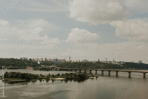 Kyiv landscape view. Peacefull summer in Kyiv Ukraine. View of Dnipro River and Mother Ukraine