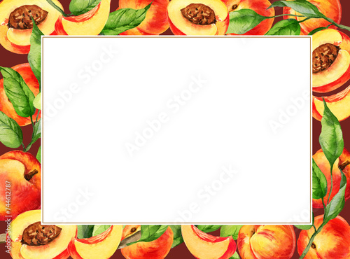watercolor frame with illustration of summer fruit, peach or apricot, nectarine on a branches with green leaves, sketch of sweet food with slices of fruits, on brown background