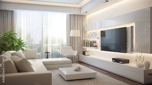 White sofa against tv unit hotel interior design of modern living room
