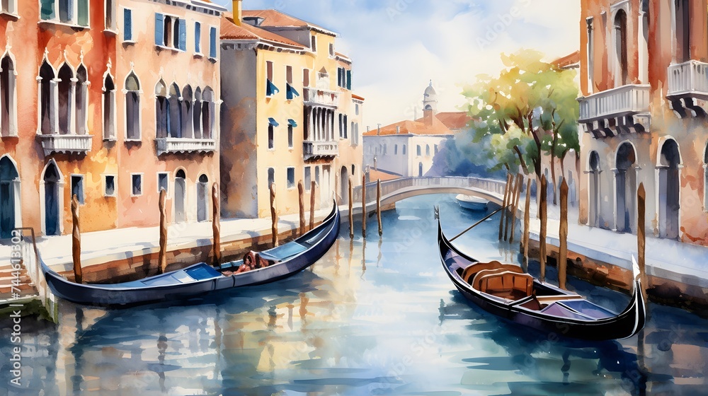 Canal with gondolas in Venice, Italy. Digital painting