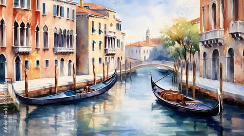 Canal with gondolas in Venice, Italy. Digital painting © I