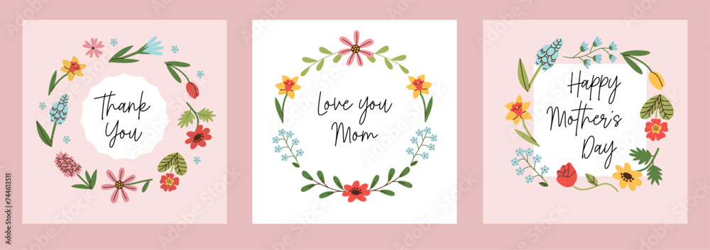 Set of Mothers Day greeting cards with beautiful flowers, floral frame, wreath, hearts. Mother's Day templates. Set of Mothers Day greeting cards with beautiful flowers, floral frame, wreath, hearts. Mother's Day templates.