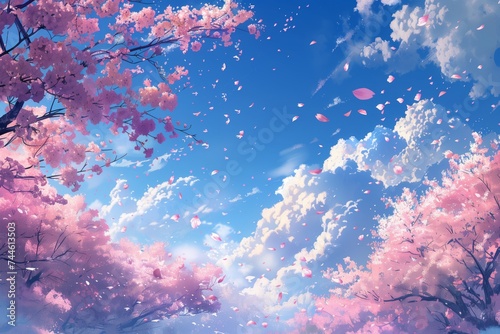Serene Spring Scene Illustration of Cherry Blossom Petals Falling against a Blue Sky Background