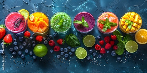 Inviting Display of Colorful Fruit Smoothies with Fresh Ingredients. Concept Food Photography, Vibrant Smoothies, Fresh Ingredients, Colorful Display