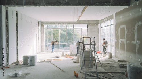 Construction workers are installing drywall, Painting Walls. A new house is under construction, Reconstruction and renovation. Housewarming, Buying and Landscaping of Real Estate, Housing concepts.