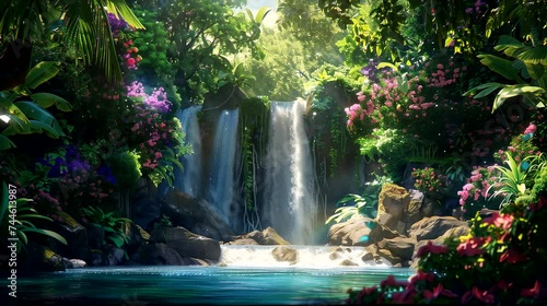 A lush jungle alive with the vibrant colors of tropical flora and waterfall. Fantasy landscape anime or cartoon style, seamless looping 4k time-lapse virtual video animation background
