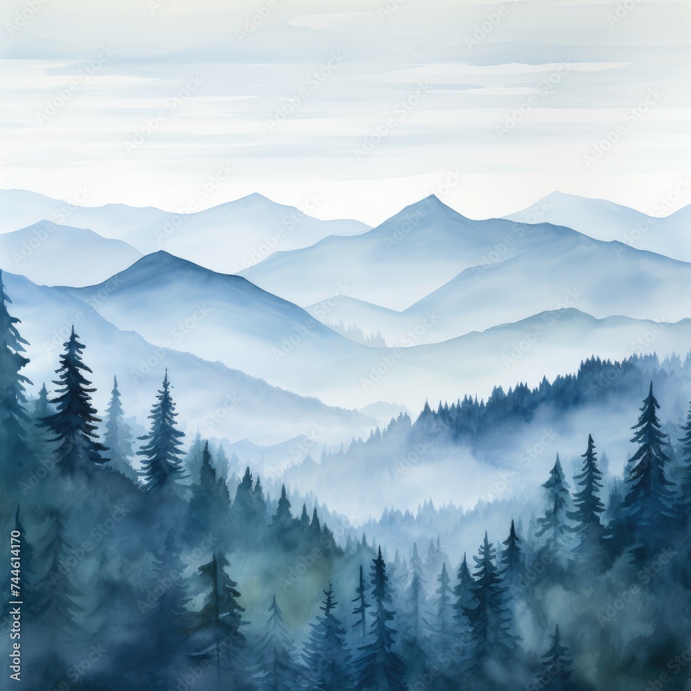 Foggy Mountain Landscape Painting. Printable Wall Art.