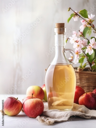 Glass bottle with natural cider vinegar and ripe apples on light wooden background, close-up, Provence style, vertical image. © junky_jess