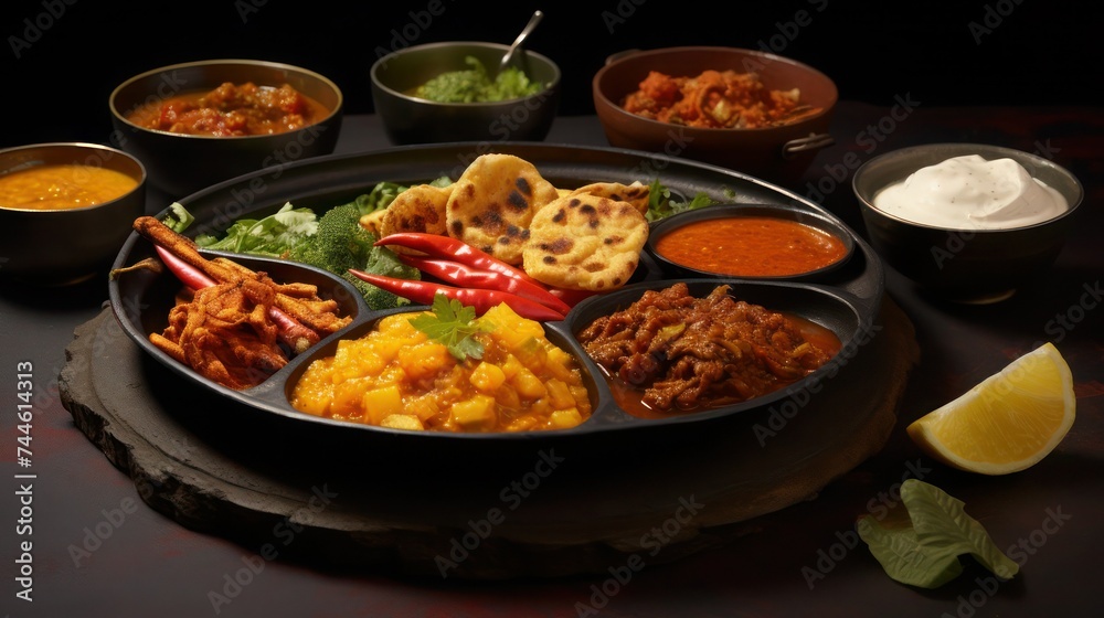 Compartmental dish with Indian traditional thali. Set with rice, chapati, dhal, kichari, curry in bowls next to it on a wooden stand, close-up. Compartmental dish with Indian traditional thali. Set with rice, chapati, dhal, kichari, curry in bowls next to it on a wooden stand, close-up.