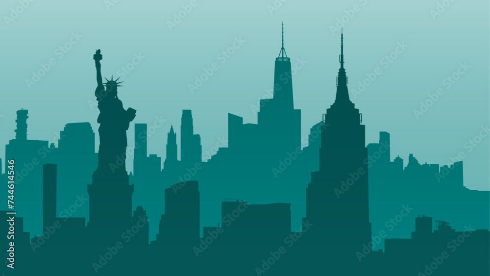 Silhouette vector background of cityscape. New York City, United States. Statue of Liberty, Empire State Building, Rockefeller Plaza, Office Building. Travel illustration