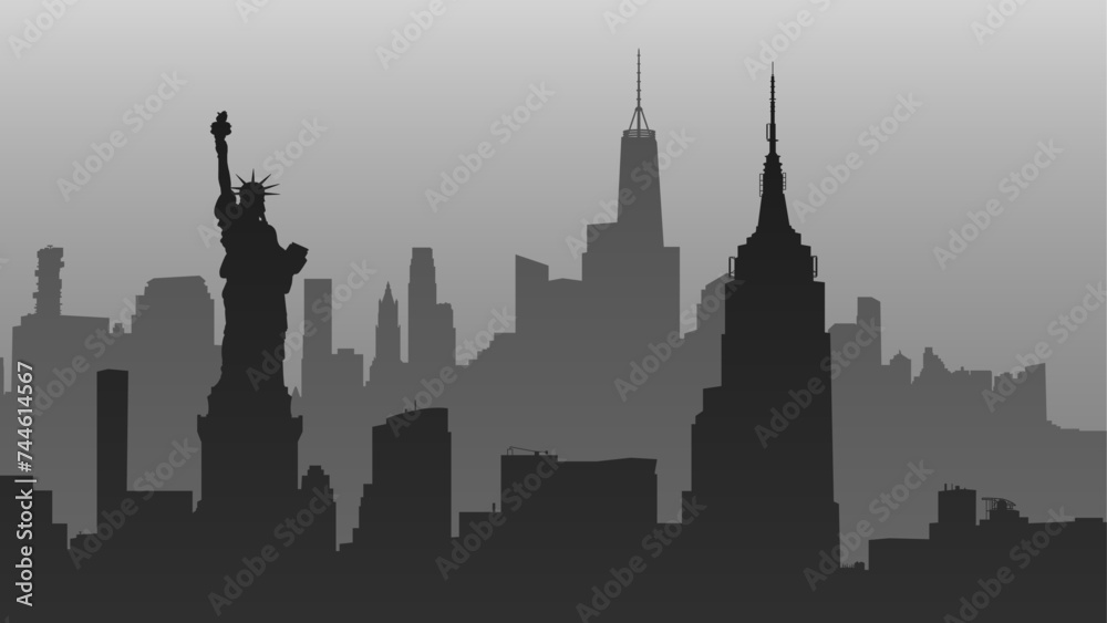 Fototapeta premium New York City, United States. Statue of Liberty, Empire State Building, Rockefeller Plaza, Office Building. Silhouette vector background of Manhattan cityscape. Travel illustration