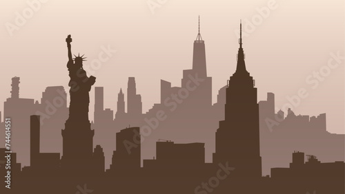 Silhouette vector background of cityscape. New York City, United States. Statue of Liberty, Empire State Building, Rockefeller Plaza, Office Building. Vector travel illustration
