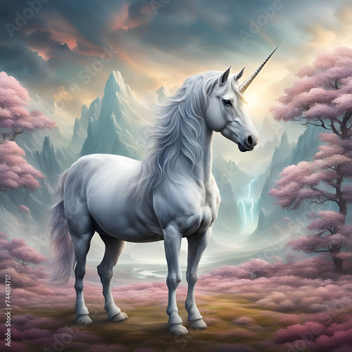 Majestic unicorn standing in surreal landscape
