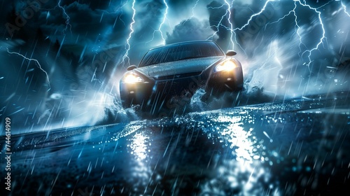 Visualize the power and drama of a car driving through a storm, its headlights piercing through the darkness as rain cascades down. 