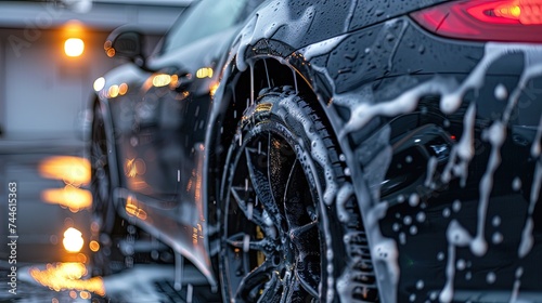 Professional Car Wash black Sportscar with Shampoo close-up © salahchoayb