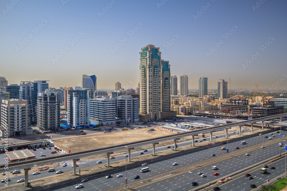 Architecture of the industrial district of Dubai at sunny day, UAE.