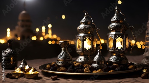 Fantasy Arabic lanterns, candles, and dates served on a tray in the desert atmosphere for the holy Ramadan month theme and defocuse backgroud of lights lantern and mosque