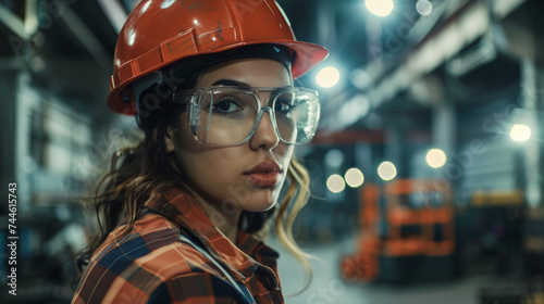 Woman wearing red safety hat and glasses in factory