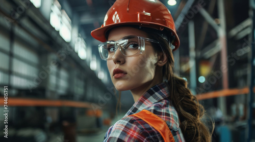 Woman wearing red safety hat and glasses in factory