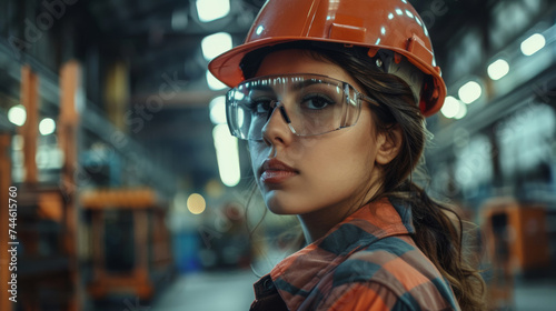 Woman wearing red safety hat and glasses in factory