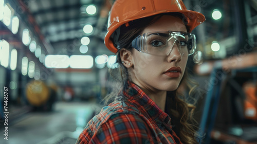 Woman wearing red safety hat and glasses in factory