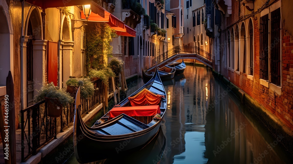 Canal in Venice at night, Italy. Panoramic view