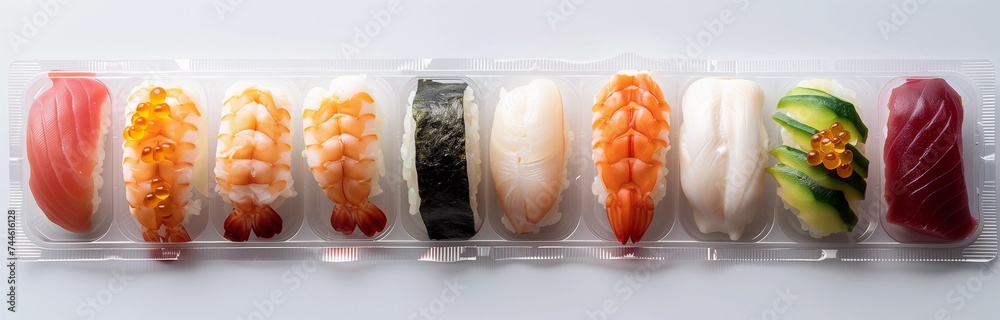 tasty sushi in blister pack for addicted people - obrazy, fototapety, plakaty 