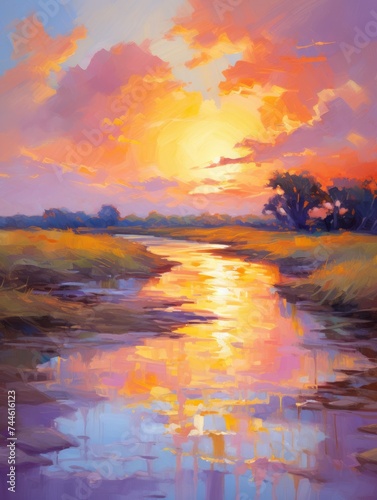 Sunset Over River Painting. Printable Wall Art. © pham