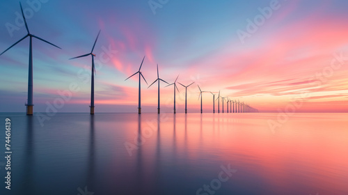 Wind Turbines at Sea during Sunset. Green energy concept.. photo