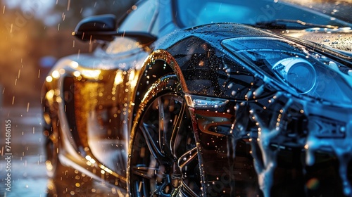 Professional Car Wash black Sportscar with Shampoo close-up photo